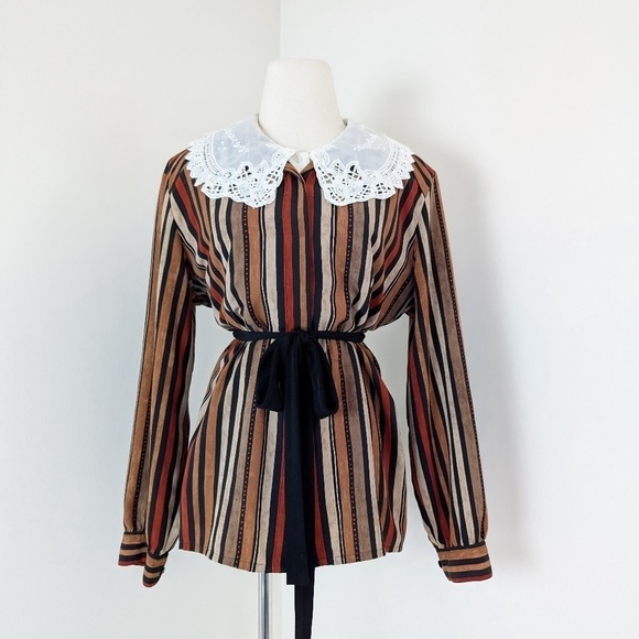 *Free with Purchase* 90’s Striped Long Sleeve Blouse Earth Tones Collar - Picture 1 of 10